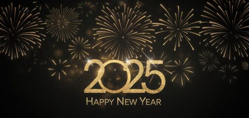 2025 golden on New Year dark background with fireworks. Celebration New Year's Eve. Golden fireworks on dark night sky