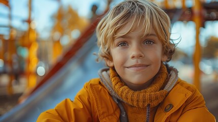 Happy child boy playing on a slide on the playground