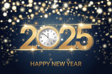 Fototapeta premium card or banner to wish a happy new year 2025 in gold with gold-colored circles and glitter in bokeh effect on a blue background