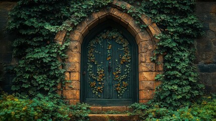Fototapeta premium Enchanted Stone Doorway with Lush Ivy - A Timeless Architectural Masterpiece