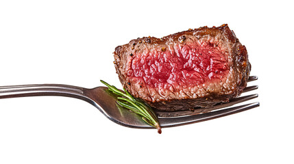 slice of beef steak on a fork isolated on background