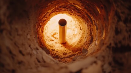 Close-up of an insulated pipeline in the ground, representing energy efficiency and safety in contemporary infrastructure projects