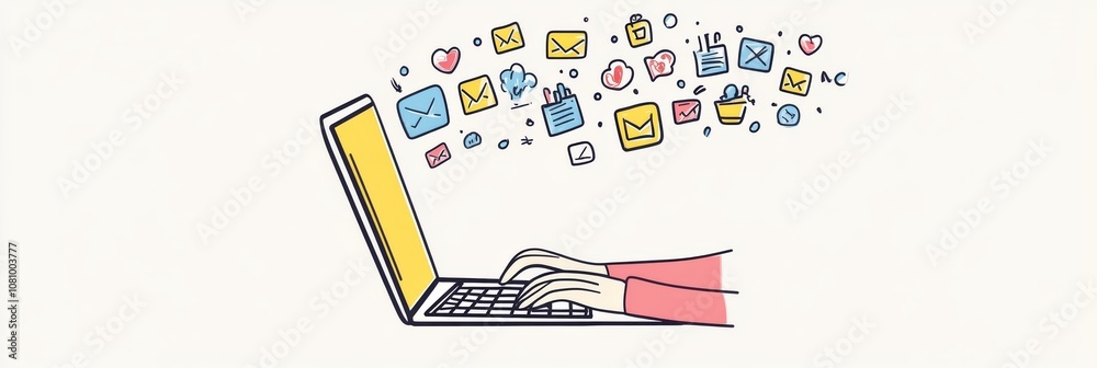 Aufkleber hands typing on laptop keyboard with various social media icons and symbols floating above, represen