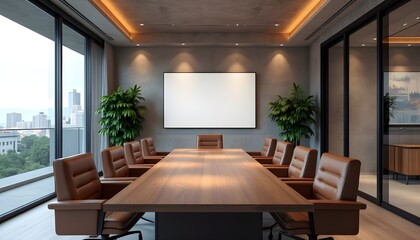 Fototapeta premium a state-of-the-art business conference board meeting room is depicted with crisp detail. The focal point is a sleek, rectangular wooden table, bordered by rows of elegant leather armchairs.