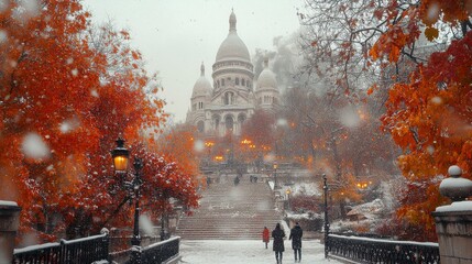 Parisian Winter Wonder: Snowy Sacré-Cœur Basilica and its Steps