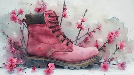watercolor drawing of pink boots with cherry blossoms