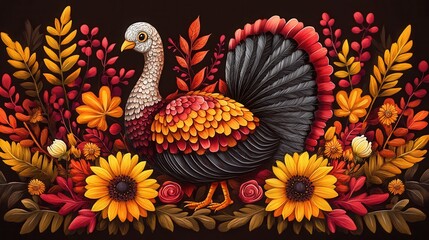 Obraz premium A vibrant Thanksgiving turkey surrounded by colorful fall foliage and cheerful sunflowers on a rich brown background, perfect for holiday celebrations