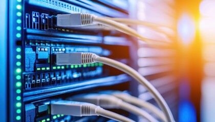 Fiber optic cables glowing in a tech hub representing communication networks and modern connectivity