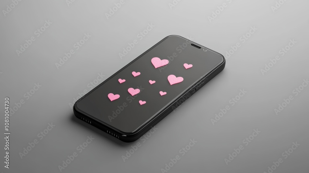 Poster pink hearts float gracefully over a smartphone screen, symbolizing online affection and engagement. 