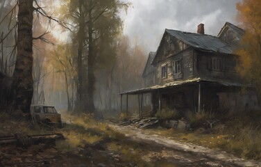 Painting landscape in style game, abandoned house in the mountains