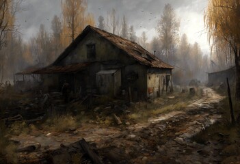 Obraz premium Painting landscape in style game, abandoned house in the mountains