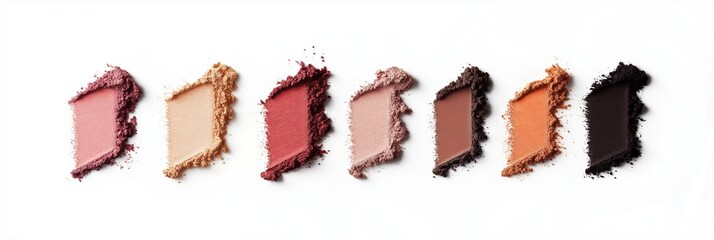 Assorted crushed eyeshadow pigments arranged in row. Various colors and textures spread on white background