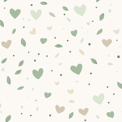 Romantic pattern with a trendy pattern of tiny hearts and leaves in light taupe and pale mint, layered on a subtle cream background, perfect for love design wallpaper.