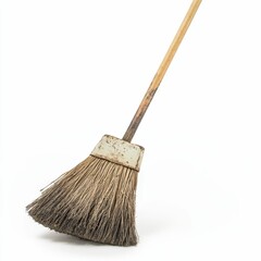 Worn wooden broom isolated on white.