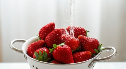 Fresh strawberries being washed in colander with water splash