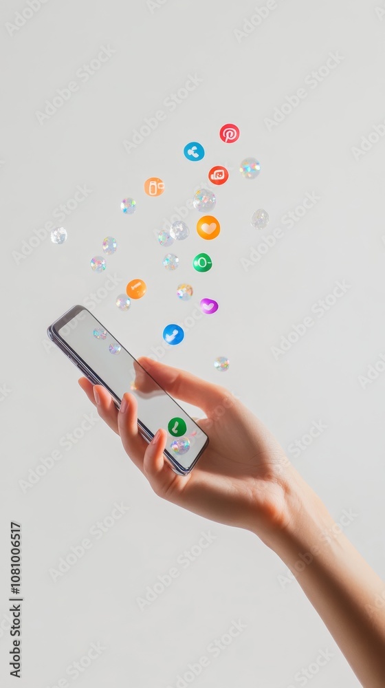 Poster hand holding a smartphone with colorful social media icons floating above, representing the connecti