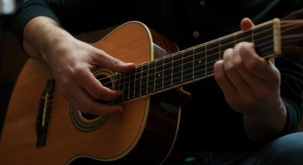 Obraz premium Musician playing acoustic guitar in low light