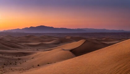 Fototapeta premium Sunset Over the Vast Desert With Rolling Sand Dunes Glowing Golden Under the Fading Light, While the Sky Transitions From Orange to Deep Purple in the Distance