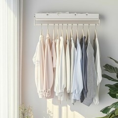 Fototapeta premium Clothes hanging on rack in a white room.