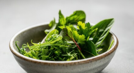 Fresh green salad leaves in ceramic bowl on white background