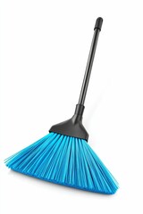 Blue broom with black handle on white background.