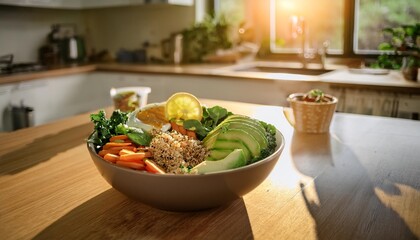 Vegan Buddha Bowl Filled With Fresh Vegetables, Quinoa, Avocado, and a Tangy Lemon Dressing, Plated Beautifully in a Minimalist Home Kitchen Setting