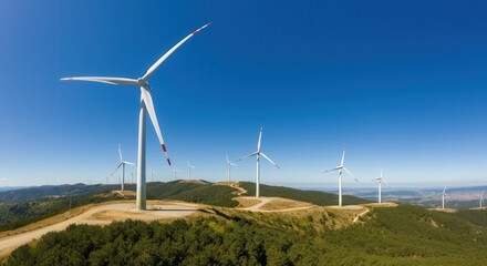 Serene wind farm landscape with blue sky rolling hills