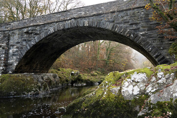 Pont yr Afanc bridge arching over the river Conwy in a forest against a misty sky