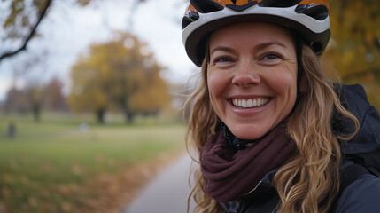 Twarz blondynki w kasku rowerowym, której promienny uśmiech odzwierciedla pasję do jazdy na rowerze i świadomość bezpieczeństwa.