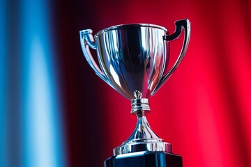 Shining trophy symbolizing achievement stands prominently against a backdrop of vibrant red and blue, celebrating success and recognition in an impressive award ceremony. Generative AI