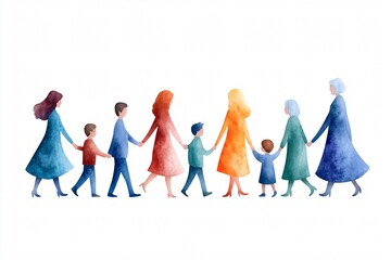 Naklejka premium Family of eight people walking together and holding hands in a watercolor painting, symbolizing unity and togetherness