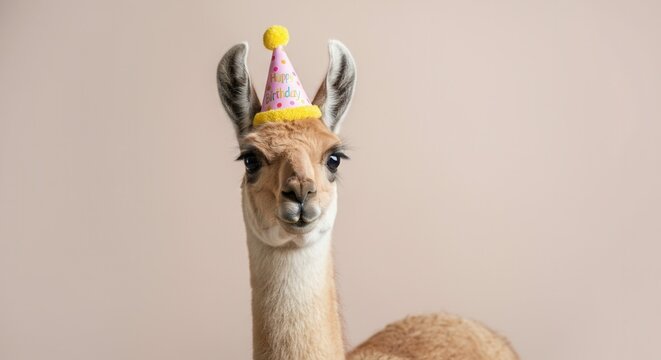 Celebration llama wearing birthday hat on beige background