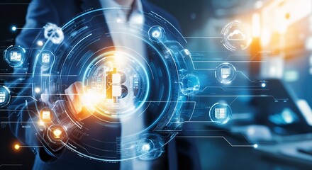 Fototapeta premium Bitcoin Innovation: Futuristic depiction of a businessman interacting with a Bitcoin symbol within a digital interface, highlighting the innovative and technological aspects of cryptocurrency. 