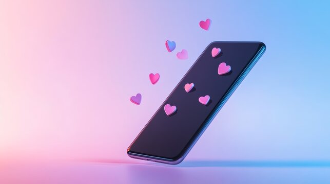 Pink hearts floating towards a tilted smartphone on a vibrant gradient background, representing online affection, social media engagement, and virtual communication in the digital age