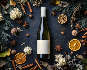 Elegant wine bottle surrounded by seasonal herbs and spices