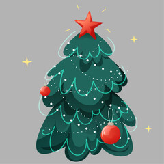 Fluffy luxurious Christmas tree, decorated with balls and garland, with a red star on the top