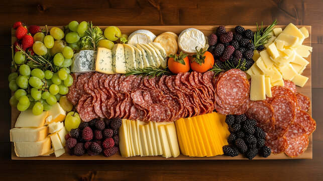 Widok z g&oacute;ry na bogato udekorowaną deskę pełną ser&oacute;w, owoc&oacute;w i wędlin, umieszczoną na rustykalnym stole z drewna. 