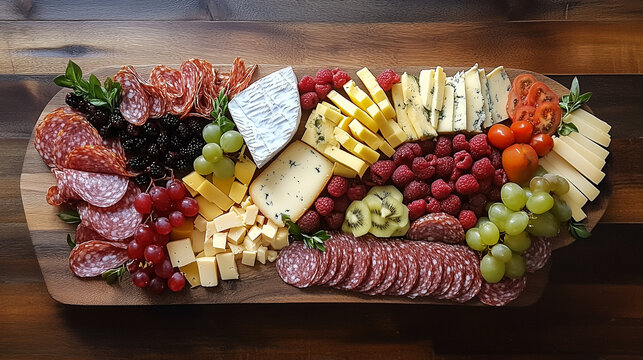 Widok z g&oacute;ry na bogato udekorowaną deskę pełną ser&oacute;w, owoc&oacute;w i wędlin, umieszczoną na rustykalnym stole z drewna. 