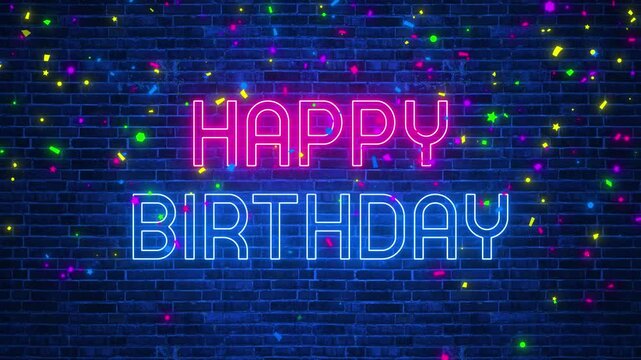 neon happy birthday text and confetti rain on brick wall background animation ,colorful confetti falling, party and celebration motion design element