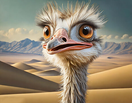 3d claymation artwork of a caricatured quirky, crazy ostrich with large and squinted bulging eyes. messy, shabby beige feather and an exaggeratedly large head - generated by ai