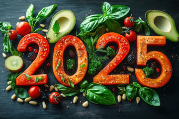 Celebrating new year 2025 with healthy food habits. 2025 from vegetables. Close-up
