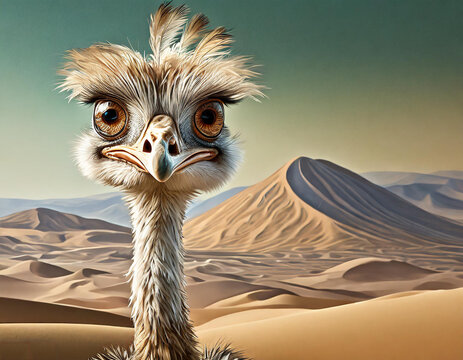 3d claymation artwork of a caricatured quirky, crazy ostrich with large and squinted bulging eyes. messy, shabby beige feather and an exaggeratedly large head - generated by ai