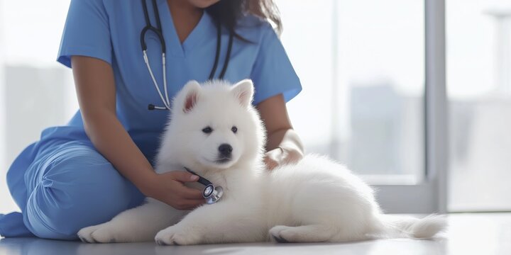 A dedicated and caring veterinarian who has a lovable and adorable Samoyed puppy by their side, continually working hard to provide the best veterinary care for all canine companions