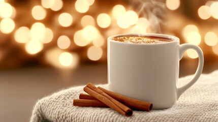 Steaming cup of mulled wine with cinnamon sticks at a festive Christmas market celebration