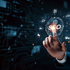 Search engine optimization, hand reaching out, finger touching, pressing seo button, icon on holographic screen, digital marketing, business technology.