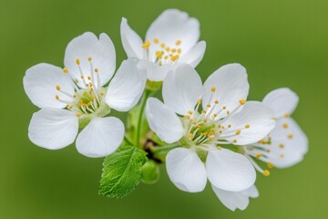 Fototapeta premium Close-up of fresh spring cherry blossoms green background