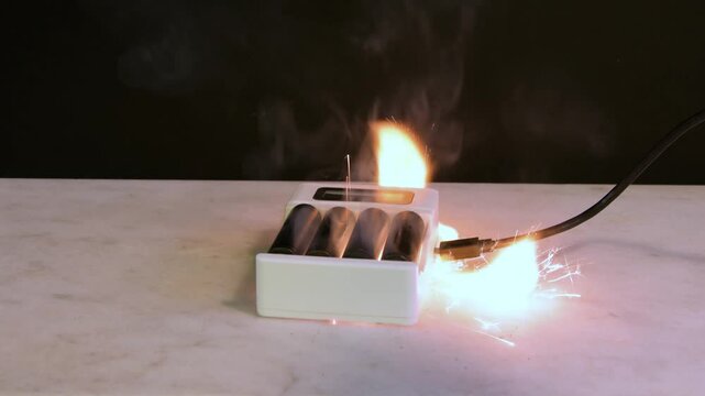 Battery charger ignites in flames while connected to outlet, causing a dangerous situation in a home environment