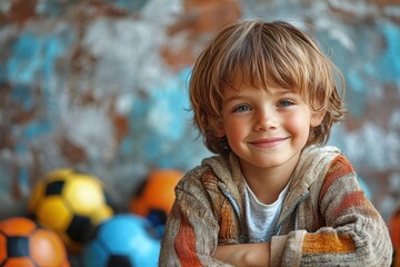 Fototapeta premium Cheerful young boy with tousled hair smiles joyfully among colorful soccer balls indoors
