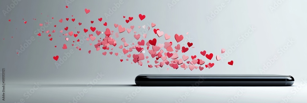 Aufkleber many red and pink hearts are coming out of a smartphone placed on a white surface, representing the 
