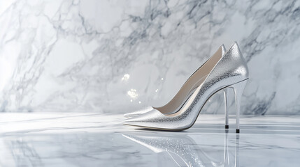 Elegant silver high heel on marble background